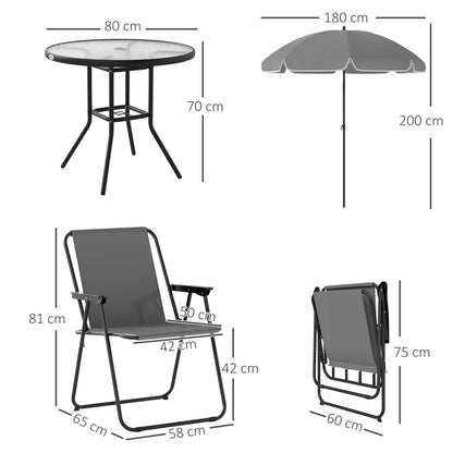 6-Piece Garden Table and Chairs Set Outdoor Furniture with 4 Folding Chairs Glass Table and Umbrella for Terrace Patio Gray