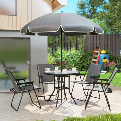 6-Piece Garden Table and Chairs Set Outdoor Furniture with 4 Folding Chairs Glass Table and Umbrella for Terrace Patio Gray