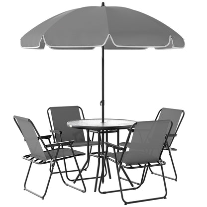 6-Piece Garden Table and Chairs Set Outdoor Furniture with 4 Folding Chairs Glass Table and Umbrella for Terrace Patio Gray