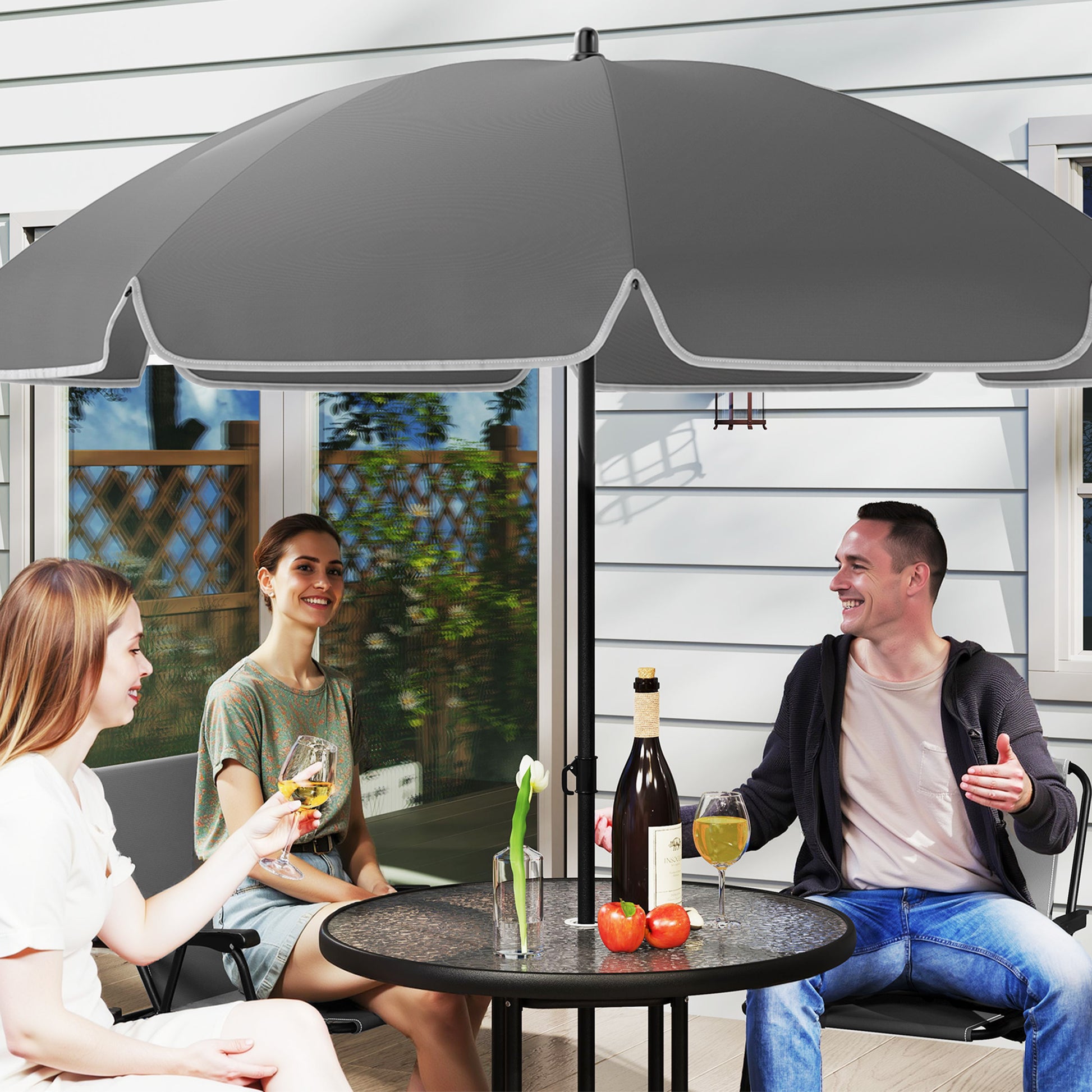 6-Piece Garden Table and Chairs Set Outdoor Furniture with 4 Folding Chairs Glass Table and Umbrella for Terrace Patio Gray