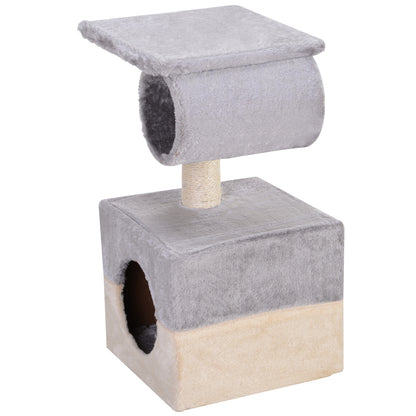 Cat Scratching Tree 31x31x58 cm with Central Post, Plush Bed for Scratching, Sleeping, and Playing in Gray and Beige