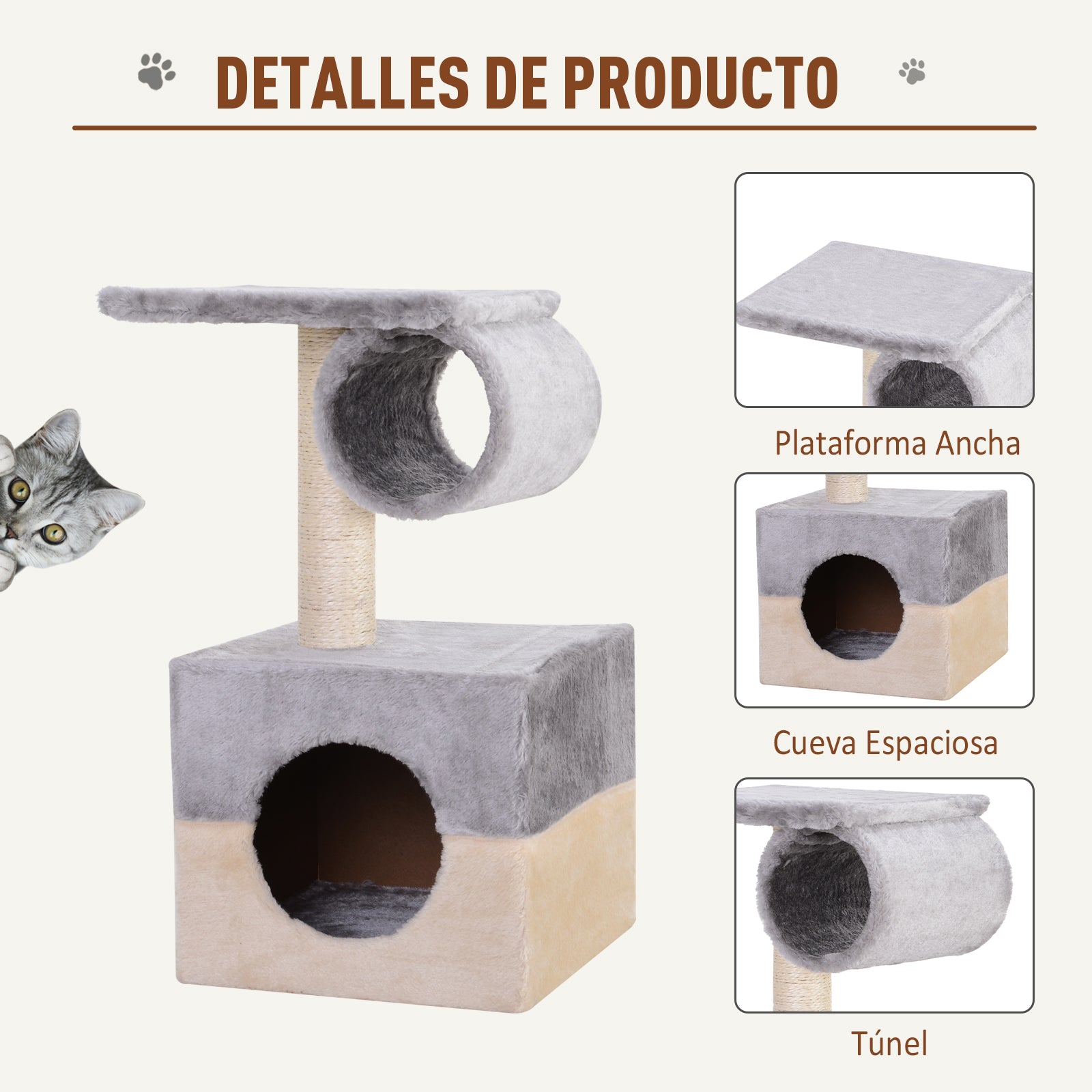 Cat Scratching Tree 31x31x58 cm with Central Post, Plush Bed for Scratching, Sleeping, and Playing in Gray and Beige