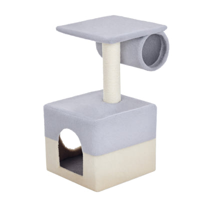 Cat Scratching Tree 31x31x58 cm with Central Post, Plush Bed for Scratching, Sleeping, and Playing in Gray and Beige