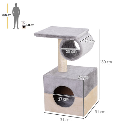 Cat Scratching Tree 31x31x58 cm with Central Post, Plush Bed for Scratching, Sleeping, and Playing in Gray and Beige