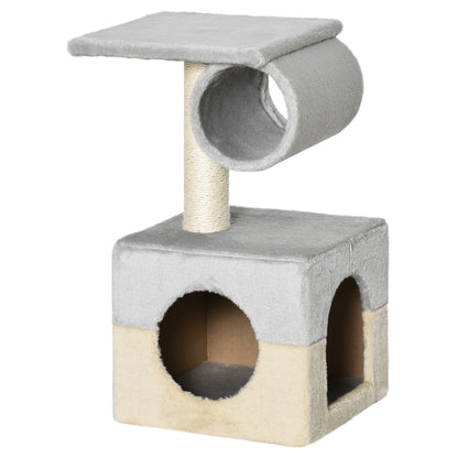 Cat Scratching Tree 31x31x58 cm with Central Post, Plush Bed for Scratching, Sleeping, and Playing in Gray and Beige