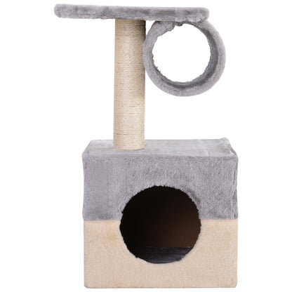Cat Scratching Tree 31x31x58 cm with Central Post, Plush Bed for Scratching, Sleeping, and Playing in Gray and Beige