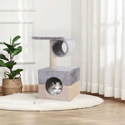 Cat Scratching Tree 31x31x58 cm with Central Post, Plush Bed for Scratching, Sleeping, and Playing in Gray and Beige