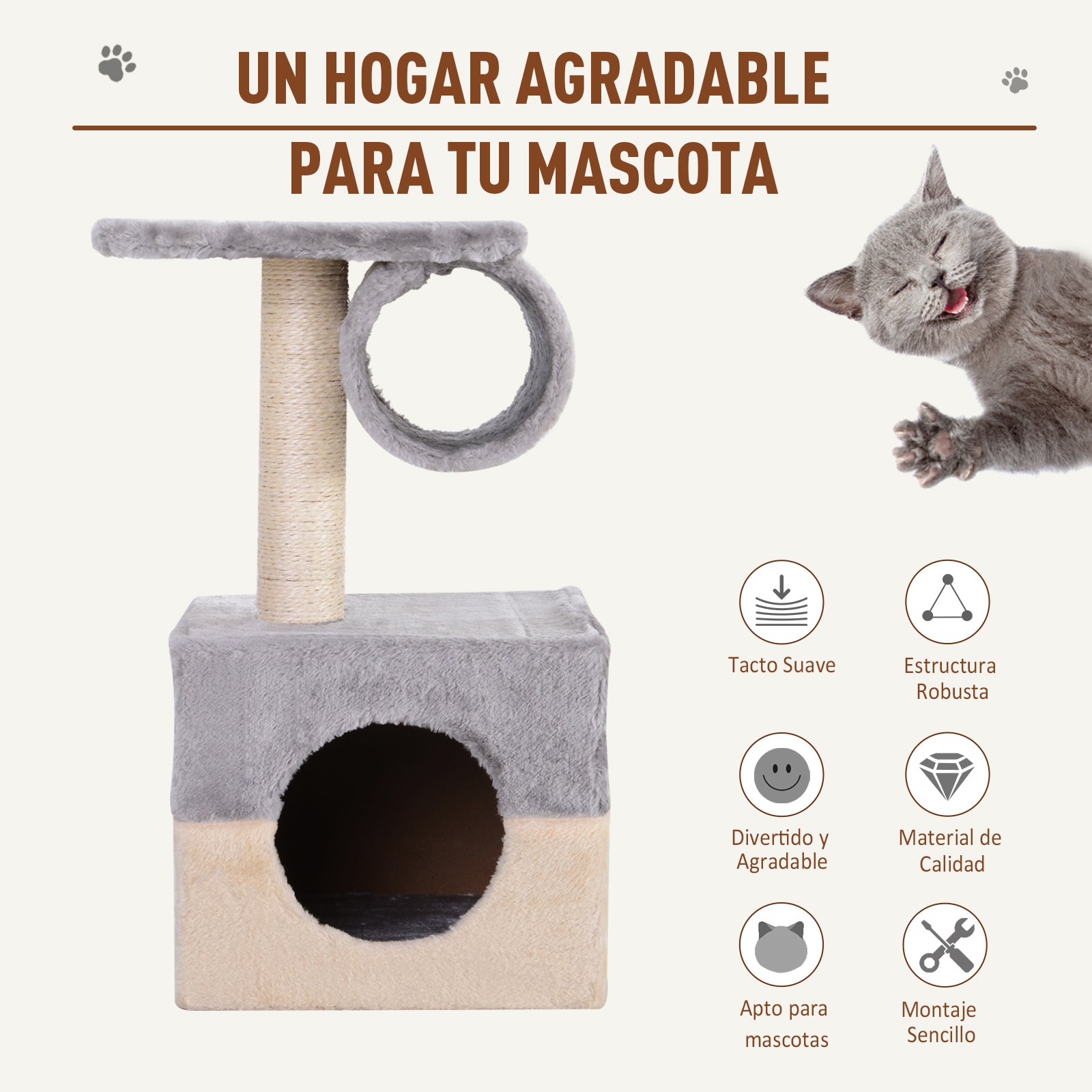 Cat Scratching Tree 31x31x58 cm with Central Post, Plush Bed for Scratching, Sleeping, and Playing in Gray and Beige