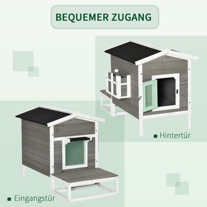 Wooden Cat House Winterproof Waterproof Cat Hut with Asphalt Roof Terrace Cat Cave Cat Box Outdoor Shelter for Outdoors Garden Balcony 115 x 66.5 x 74.7 cm Gray + White