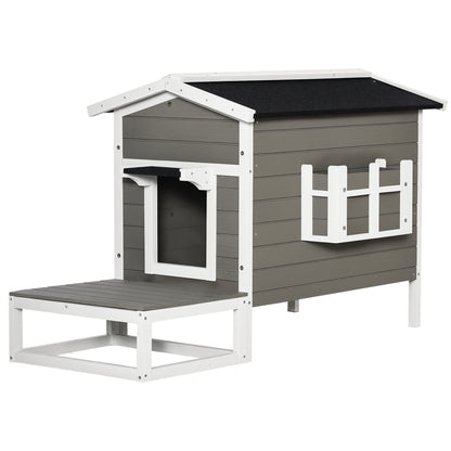 Wooden Cat House Winterproof Waterproof Cat Hut with Asphalt Roof Terrace Cat Cave Cat Box Outdoor Shelter for Outdoors Garden Balcony 115 x 66.5 x 74.7 cm Gray + White