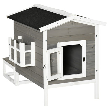Wooden Cat House Winterproof Waterproof Cat Hut with Asphalt Roof Terrace Cat Cave Cat Box Outdoor Shelter for Outdoors Garden Balcony 115 x 66.5 x 74.7 cm Gray + White