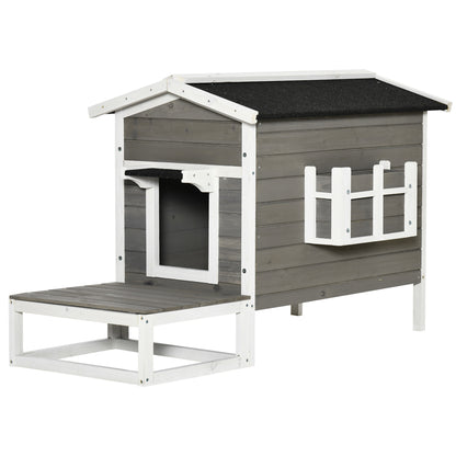 Wooden Cat House Winterproof Waterproof Cat Hut with Asphalt Roof Terrace Cat Cave Cat Box Outdoor Shelter for Outdoors Garden Balcony 115 x 66.5 x 74.7 cm Gray + White