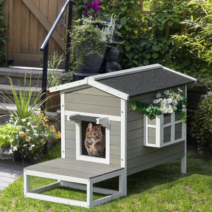 Wooden Cat House Winterproof Waterproof Cat Hut with Asphalt Roof Terrace Cat Cave Cat Box Outdoor Shelter for Outdoors Garden Balcony 115 x 66.5 x 74.7 cm Gray + White