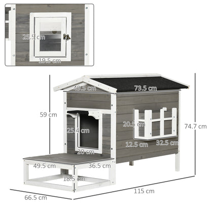 Wooden Cat House Winterproof Waterproof Cat Hut with Asphalt Roof Terrace Cat Cave Cat Box Outdoor Shelter for Outdoors Garden Balcony 115 x 66.5 x 74.7 cm Gray + White
