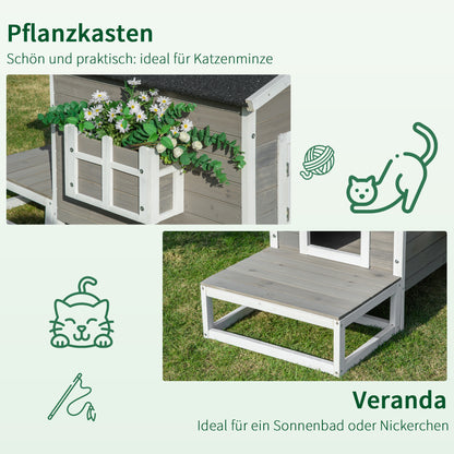 Wooden Cat House Winterproof Waterproof Cat Hut with Asphalt Roof Terrace Cat Cave Cat Box Outdoor Shelter for Outdoors Garden Balcony 115 x 66.5 x 74.7 cm Gray + White