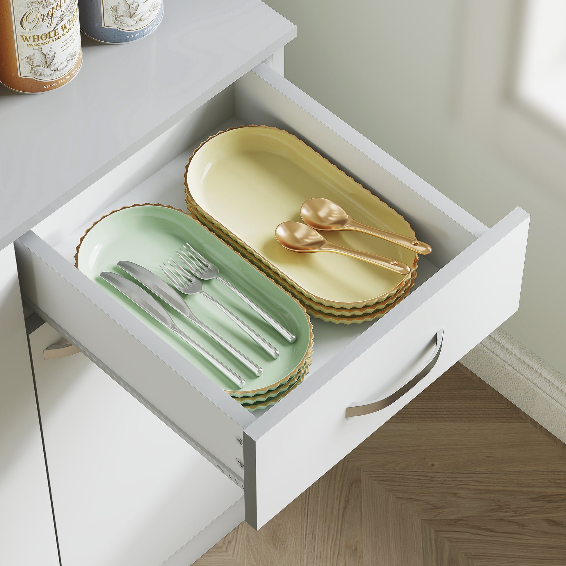 Contemporary kitchen buffet cabinet multi-storage 6 doors 1 drawer + large worktop dim. 101L x 39W x 180H cm in white gray wood