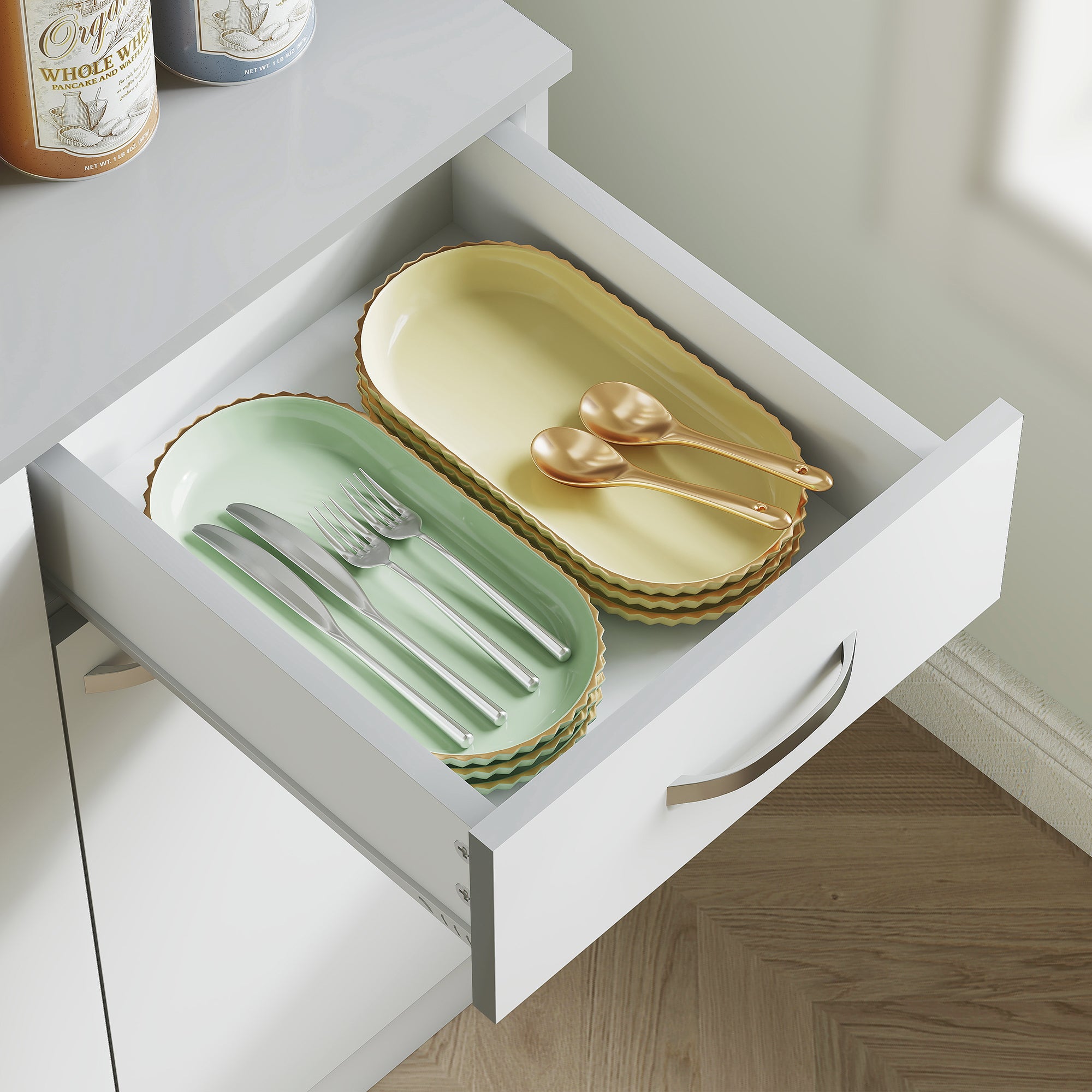 Contemporary kitchen buffet cabinet multi-storage 6 doors 1 drawer + large worktop dim. 101L x 39W x 180H cm in white gray wood