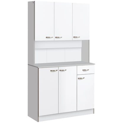 Contemporary kitchen buffet cabinet multi-storage 6 doors 1 drawer + large worktop dim. 101L x 39W x 180H cm in white gray wood