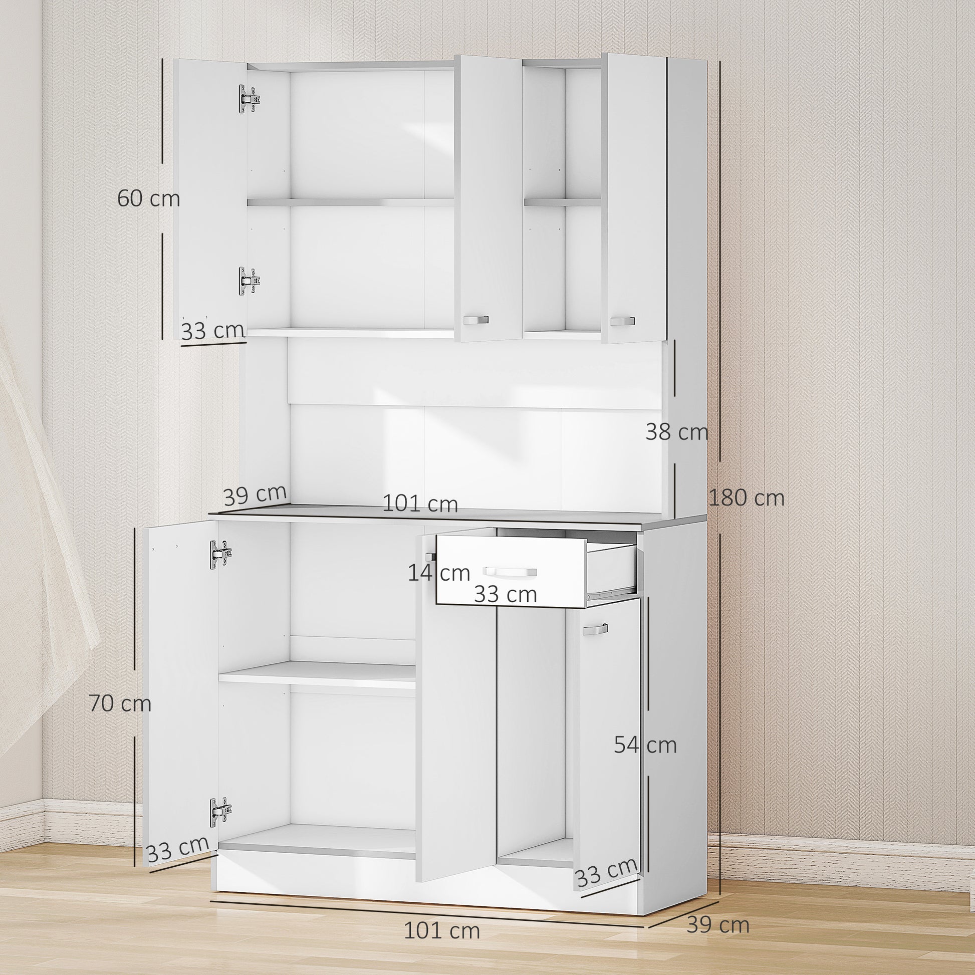 Contemporary kitchen buffet cabinet multi-storage 6 doors 1 drawer + large worktop dim. 101L x 39W x 180H cm in white gray wood
