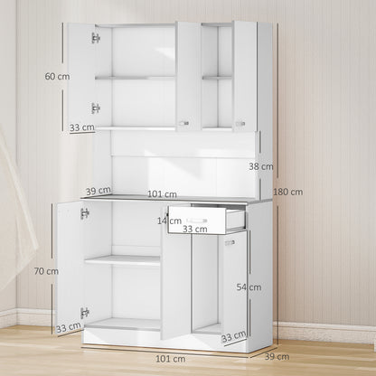 Contemporary kitchen buffet cabinet multi-storage 6 doors 1 drawer + large worktop dim. 101L x 39W x 180H cm in white gray wood