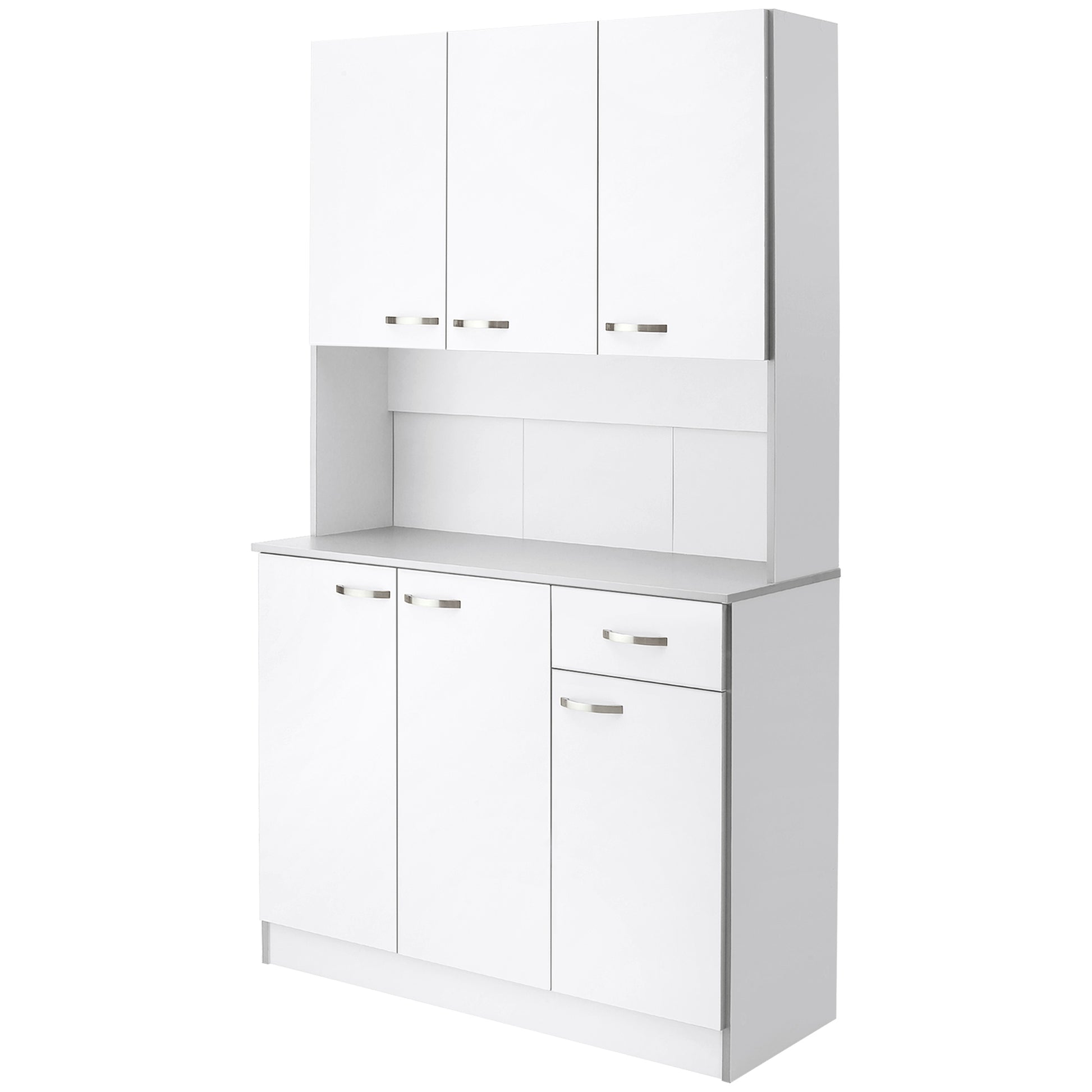Contemporary kitchen buffet cabinet multi-storage 6 doors 1 drawer + large worktop dim. 101L x 39W x 180H cm in white gray wood