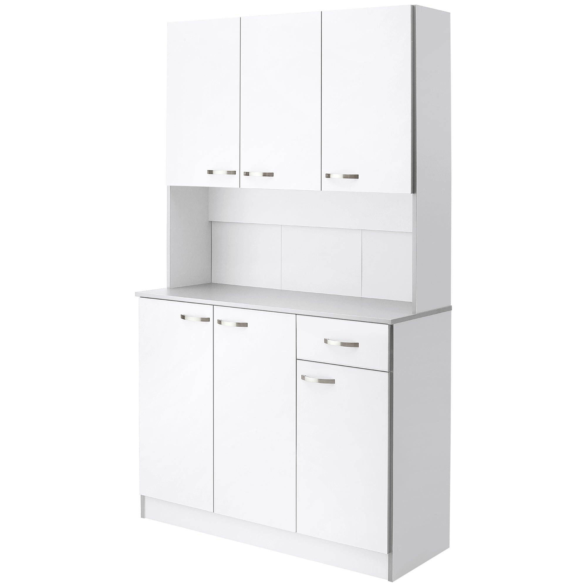 Contemporary kitchen buffet cabinet multi-storage 6 doors 1 drawer + large worktop dim. 101L x 39W x 180H cm in white gray wood