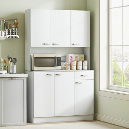 Contemporary kitchen buffet cabinet multi-storage 6 doors 1 drawer + large worktop dim. 101L x 39W x 180H cm in white gray wood