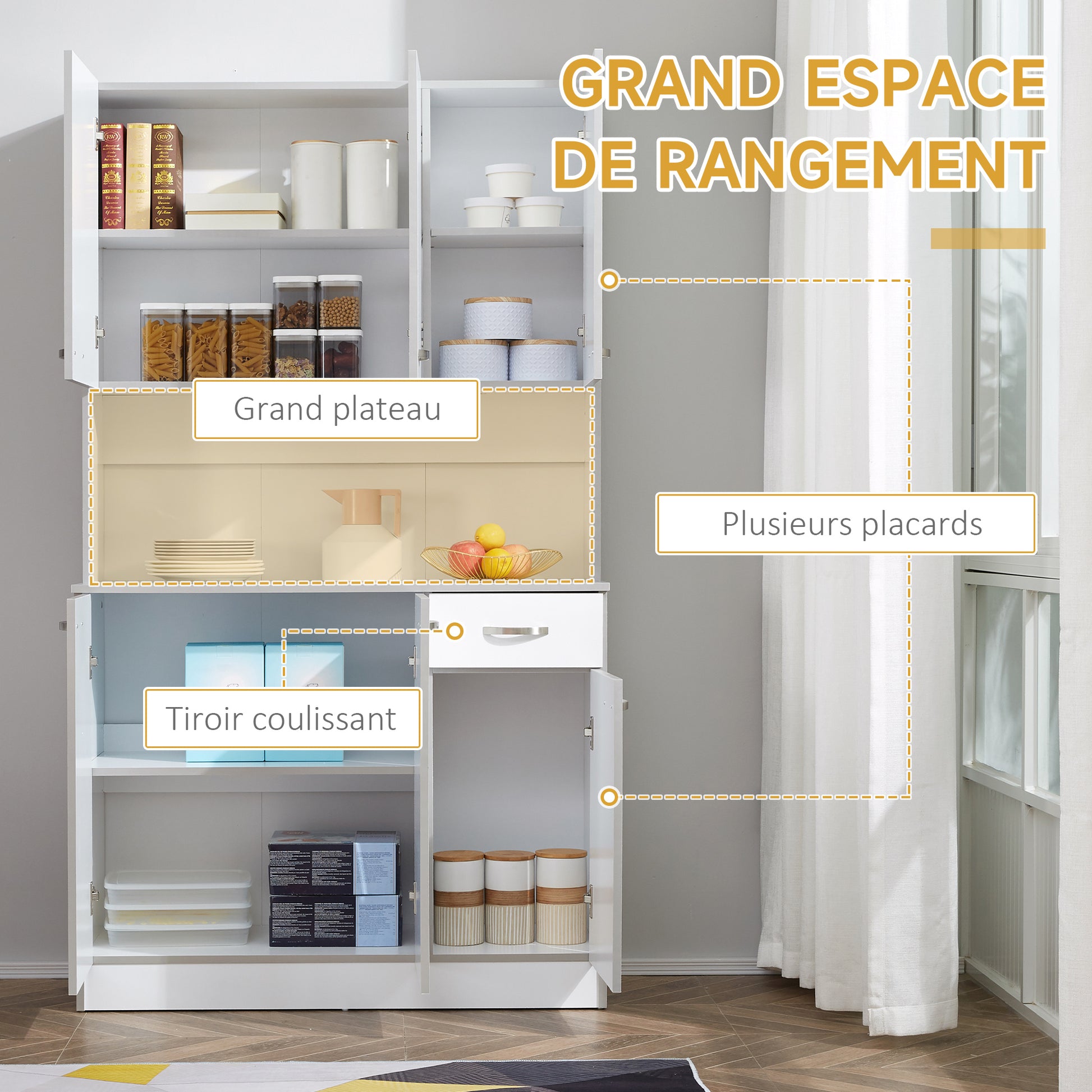 Contemporary kitchen buffet cabinet multi-storage 6 doors 1 drawer + large worktop dim. 101L x 39W x 180H cm in white gray wood