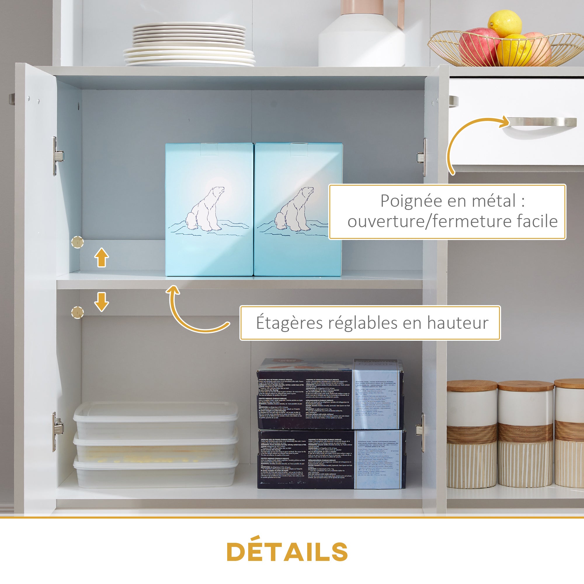 Contemporary kitchen buffet cabinet multi-storage 6 doors 1 drawer + large worktop dim. 101L x 39W x 180H cm in white gray wood