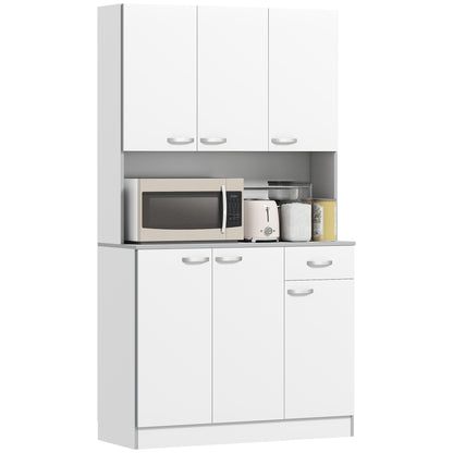 Contemporary kitchen buffet cabinet multi-storage 6 doors 1 drawer + large worktop dim. 101L x 39W x 180H cm in white gray wood