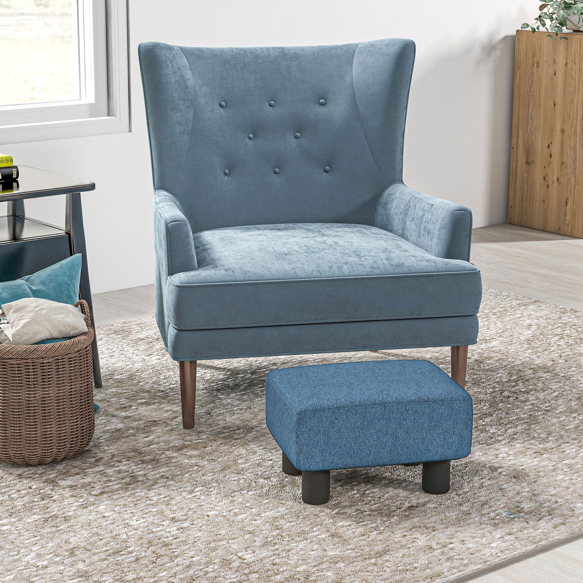 Living Room Footrest Low Stool Upholstered in Linen Rectangular Ottoman with Wooden Structure for Living Room Bedroom Navy Blue