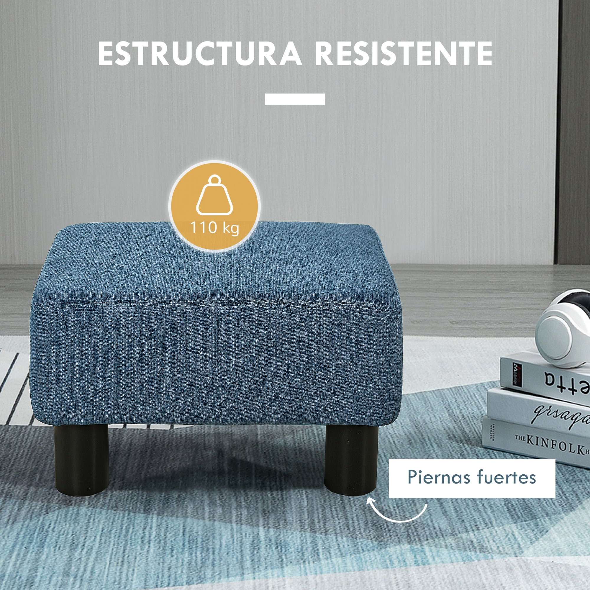 Living Room Footrest Low Stool Upholstered in Linen Rectangular Ottoman with Wooden Structure for Living Room Bedroom Navy Blue