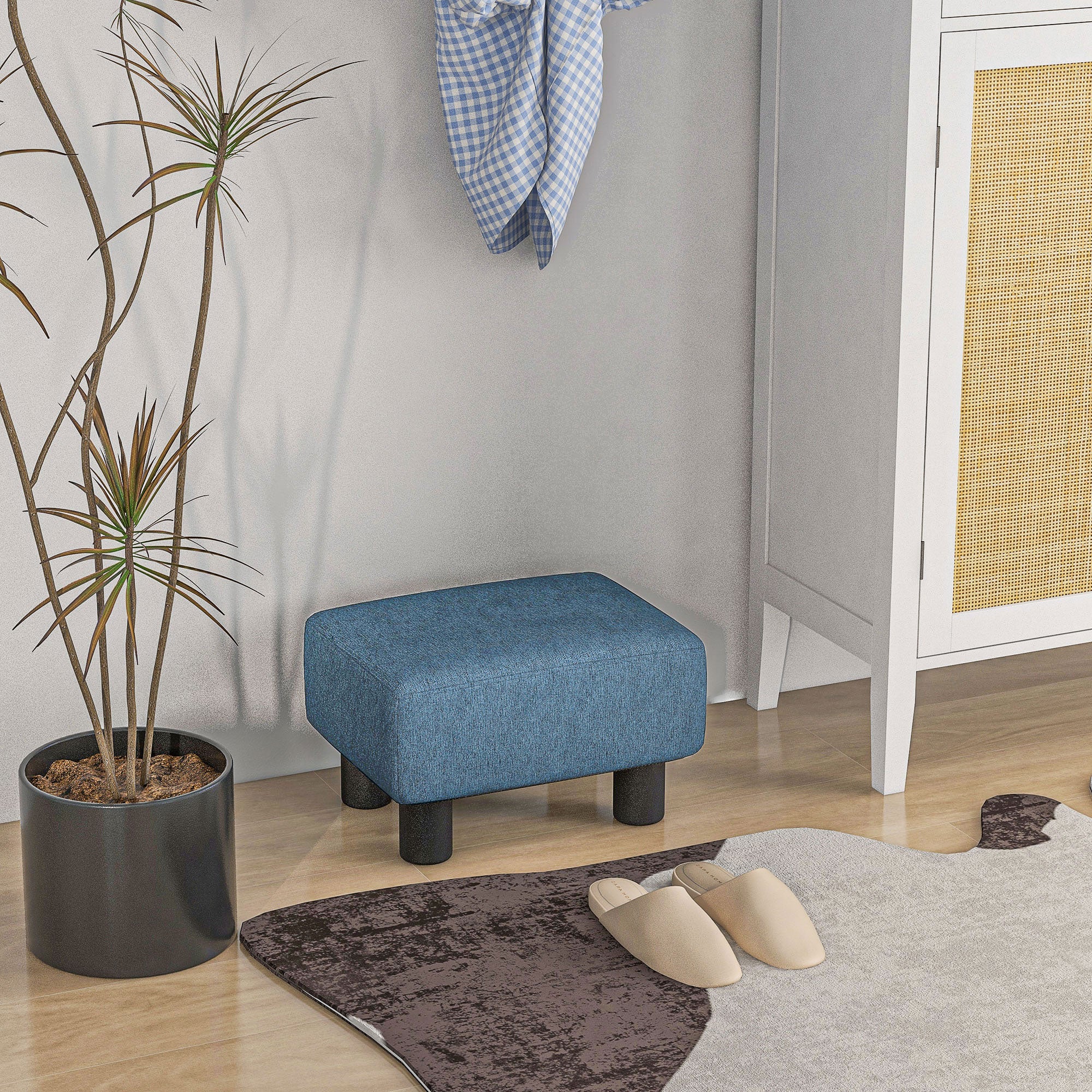 Living Room Footrest Low Stool Upholstered in Linen Rectangular Ottoman with Wooden Structure for Living Room Bedroom Navy Blue