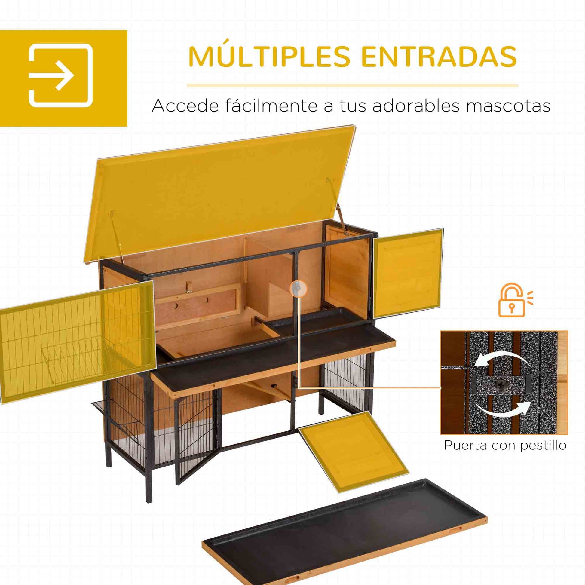 2-Level Wooden Rabbit Hutch with Flip Asphalt Roof Lockable Doors Removable Trays and Ramp Outdoor Rabbit Cage 122x50x101 cm Natural and Black
