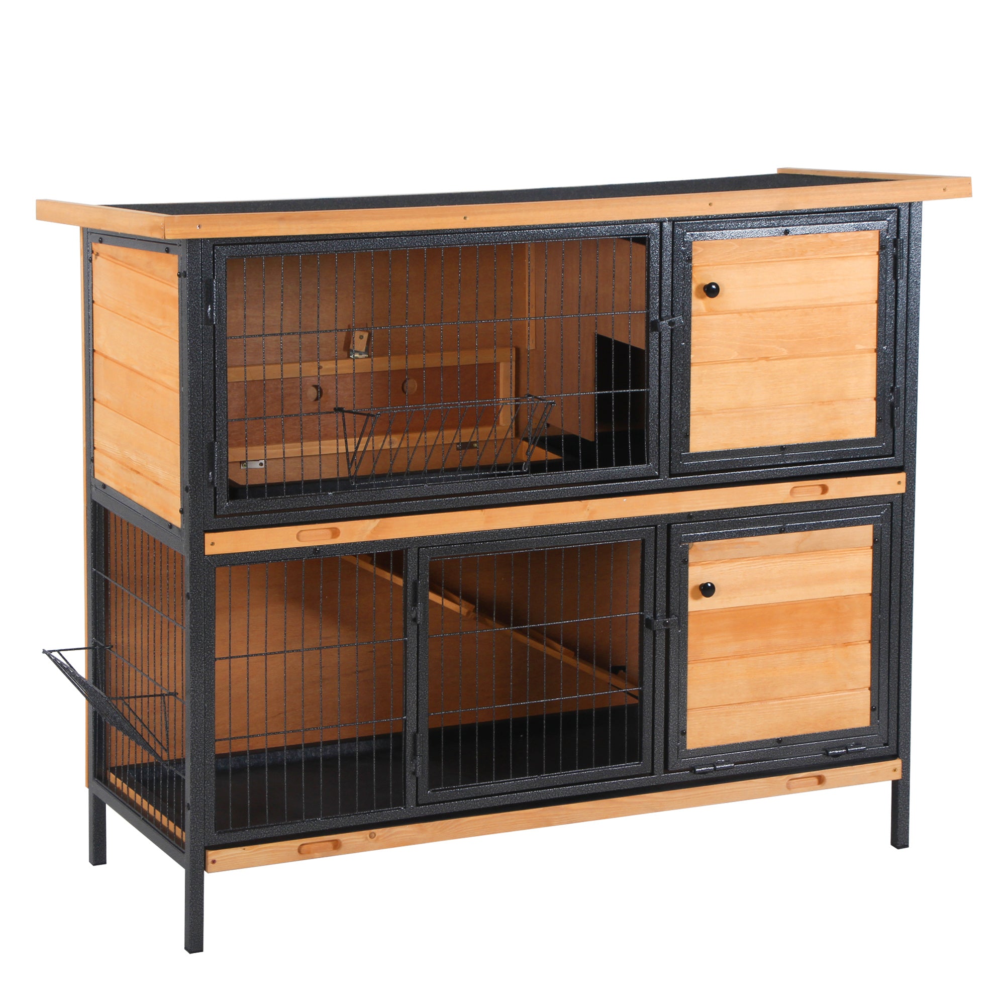 2-Level Wooden Rabbit Hutch with Flip Asphalt Roof Lockable Doors Removable Trays and Ramp Outdoor Rabbit Cage 122x50x101 cm Natural and Black