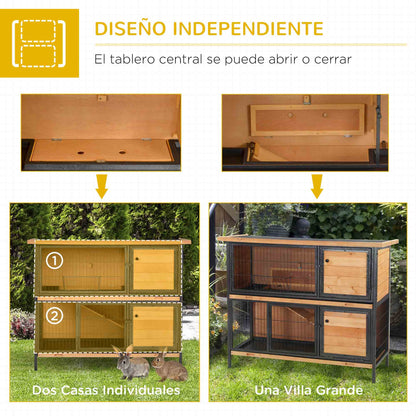 2-Level Wooden Rabbit Hutch with Flip Asphalt Roof Lockable Doors Removable Trays and Ramp Outdoor Rabbit Cage 122x50x101 cm Natural and Black