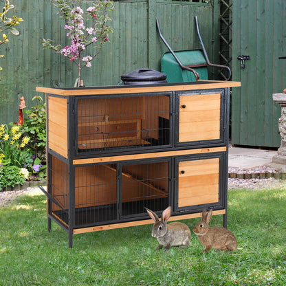 2-Level Wooden Rabbit Hutch with Flip Asphalt Roof Lockable Doors Removable Trays and Ramp Outdoor Rabbit Cage 122x50x101 cm Natural and Black