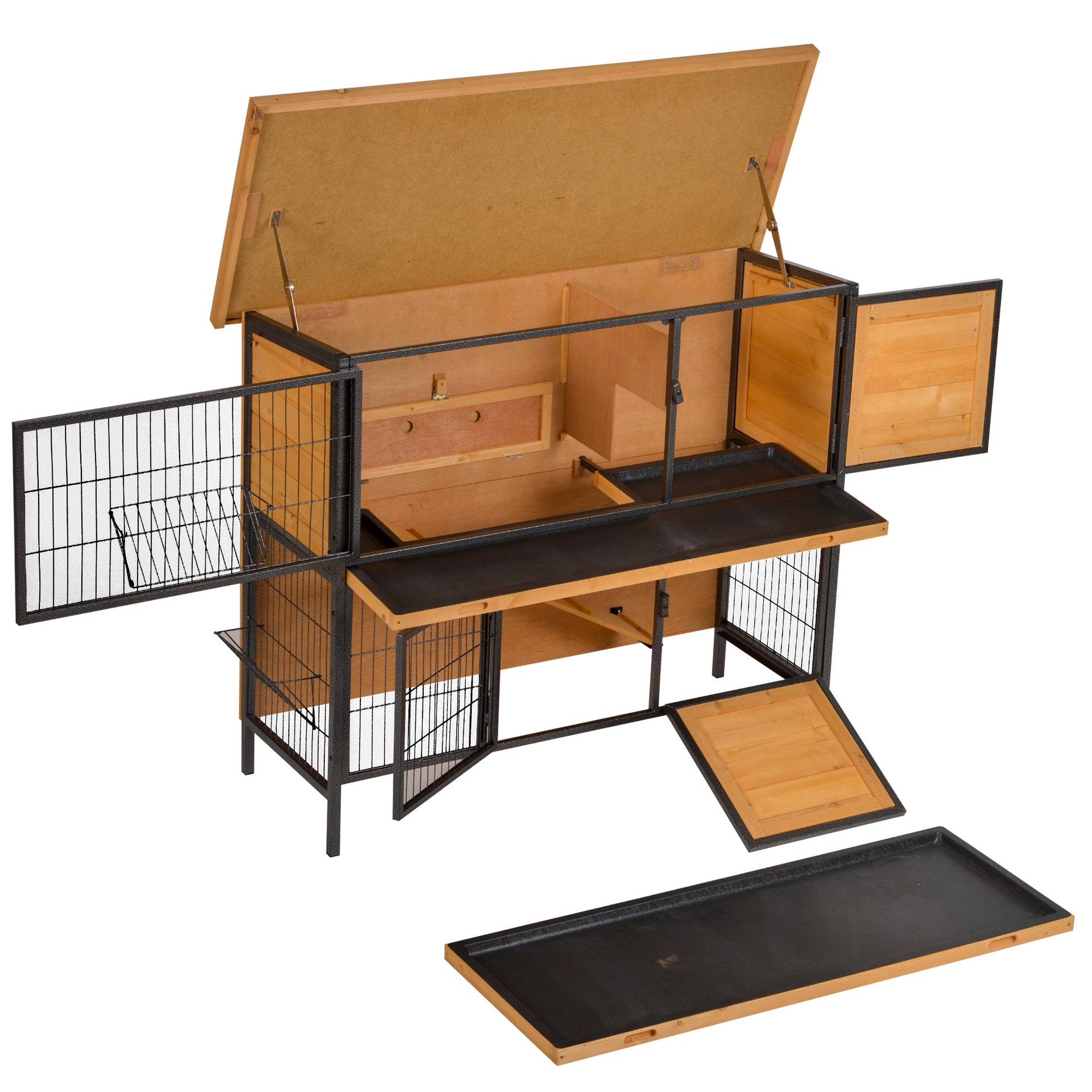 2-Level Wooden Rabbit Hutch with Flip Asphalt Roof Lockable Doors Removable Trays and Ramp Outdoor Rabbit Cage 122x50x101 cm Natural and Black