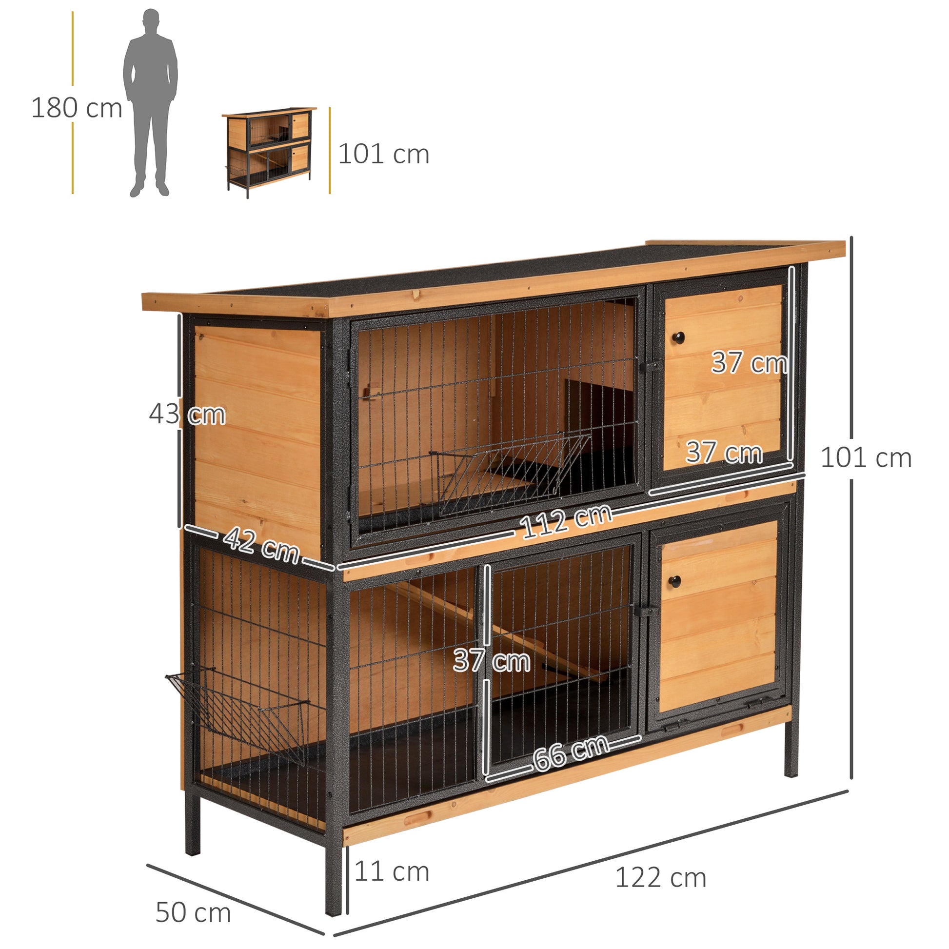 2-Level Wooden Rabbit Hutch with Flip Asphalt Roof Lockable Doors Removable Trays and Ramp Outdoor Rabbit Cage 122x50x101 cm Natural and Black