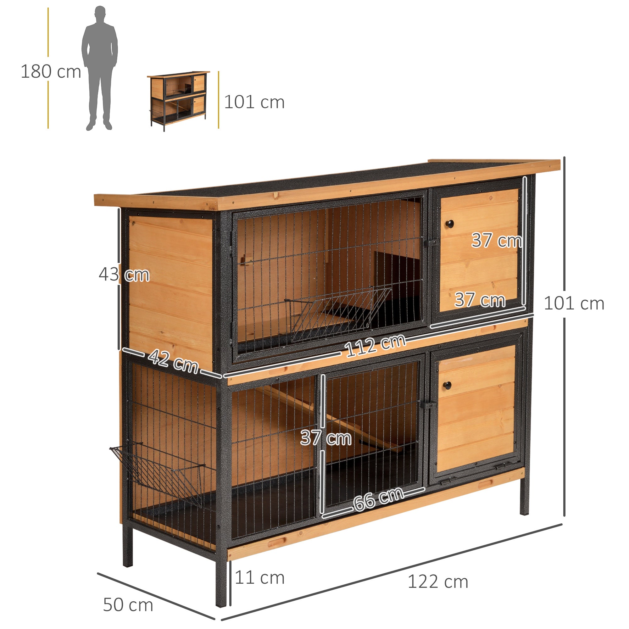 2-Level Wooden Rabbit Hutch with Flip Asphalt Roof Lockable Doors Removable Trays and Ramp Outdoor Rabbit Cage 122x50x101 cm Natural and Black