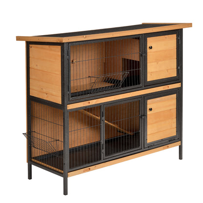 2-Level Wooden Rabbit Hutch with Flip Asphalt Roof Lockable Doors Removable Trays and Ramp Outdoor Rabbit Cage 122x50x101 cm Natural and Black