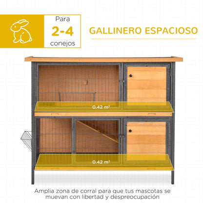 2-Level Wooden Rabbit Hutch with Flip Asphalt Roof Lockable Doors Removable Trays and Ramp Outdoor Rabbit Cage 122x50x101 cm Natural and Black