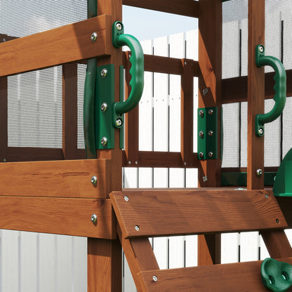 Spielturm Klettergerüst Schaukelgestell mit 194,5cm Rutsche, 2 Schaukeln, Kletterwand, überdachtem Oberdeck Outdoor Kinder Kletterturm aus Holz Spielhaus für 3-8 Jahre Kinder 315x284x233 cm
