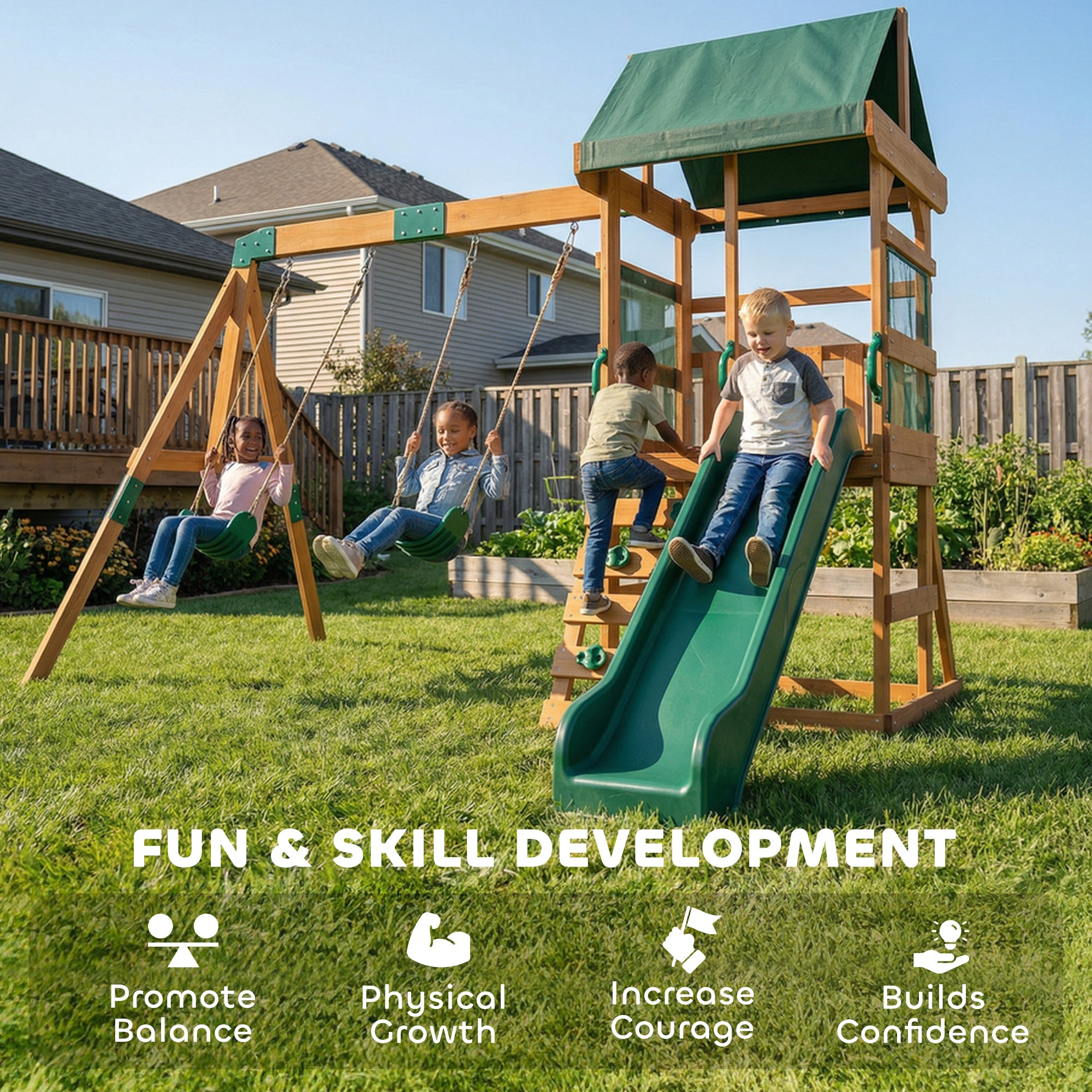 Spielturm Klettergerüst Schaukelgestell mit 194,5cm Rutsche, 2 Schaukeln, Kletterwand, überdachtem Oberdeck Outdoor Kinder Kletterturm aus Holz Spielhaus für 3-8 Jahre Kinder 315x284x233 cm