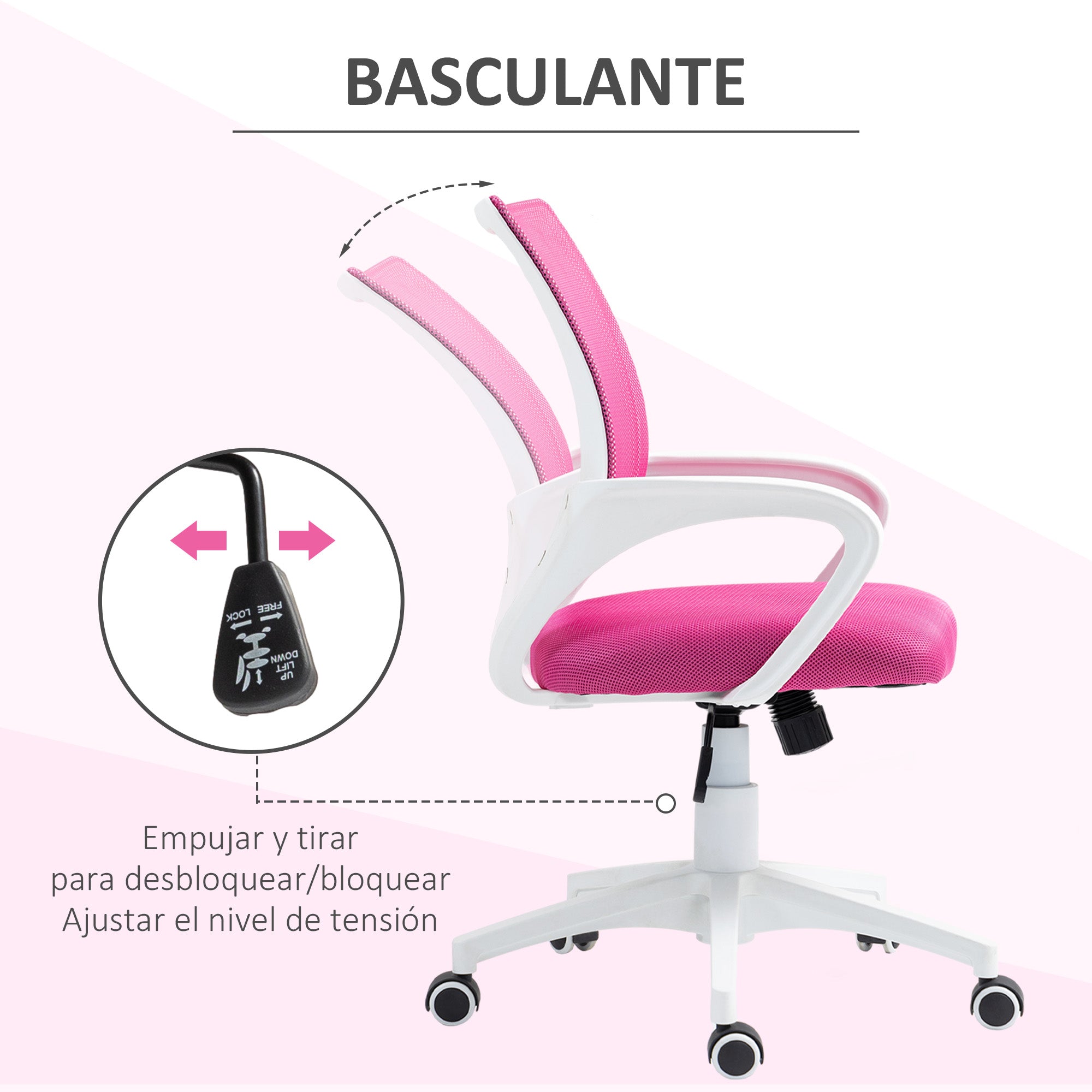 Mesh Office Chair Swivel Desk Chair with Adjustable Height Rocking Function Lumbar Support and Armrests Chair for Study Load 120 kg Pink