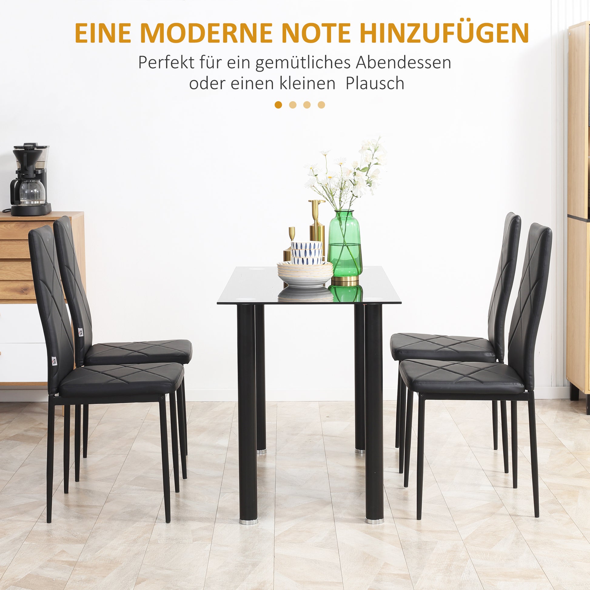 Set of 4 Dining Chairs Kitchen Chair with Backrest, Faux Leather, Padded Chair with Footrest, Living Room Chair, Chairs with Steel Legs for Dining Table, Black