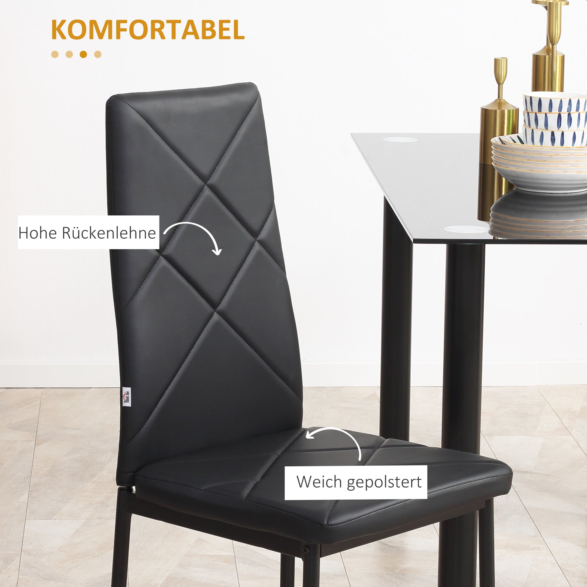 Set of 4 Dining Chairs Kitchen Chair with Backrest, Faux Leather, Padded Chair with Footrest, Living Room Chair, Chairs with Steel Legs for Dining Table, Black