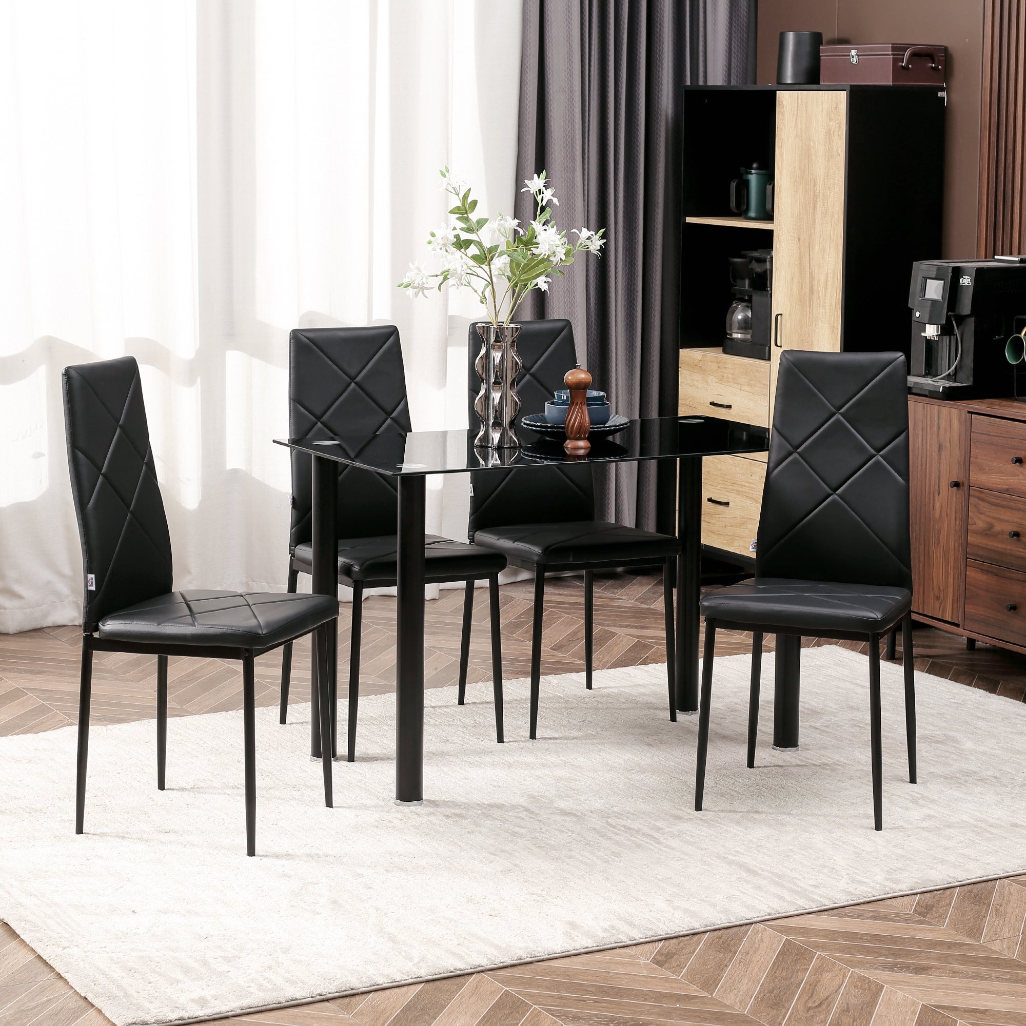 Set of 4 Dining Chairs Kitchen Chair with Backrest, Faux Leather, Padded Chair with Footrest, Living Room Chair, Chairs with Steel Legs for Dining Table, Black