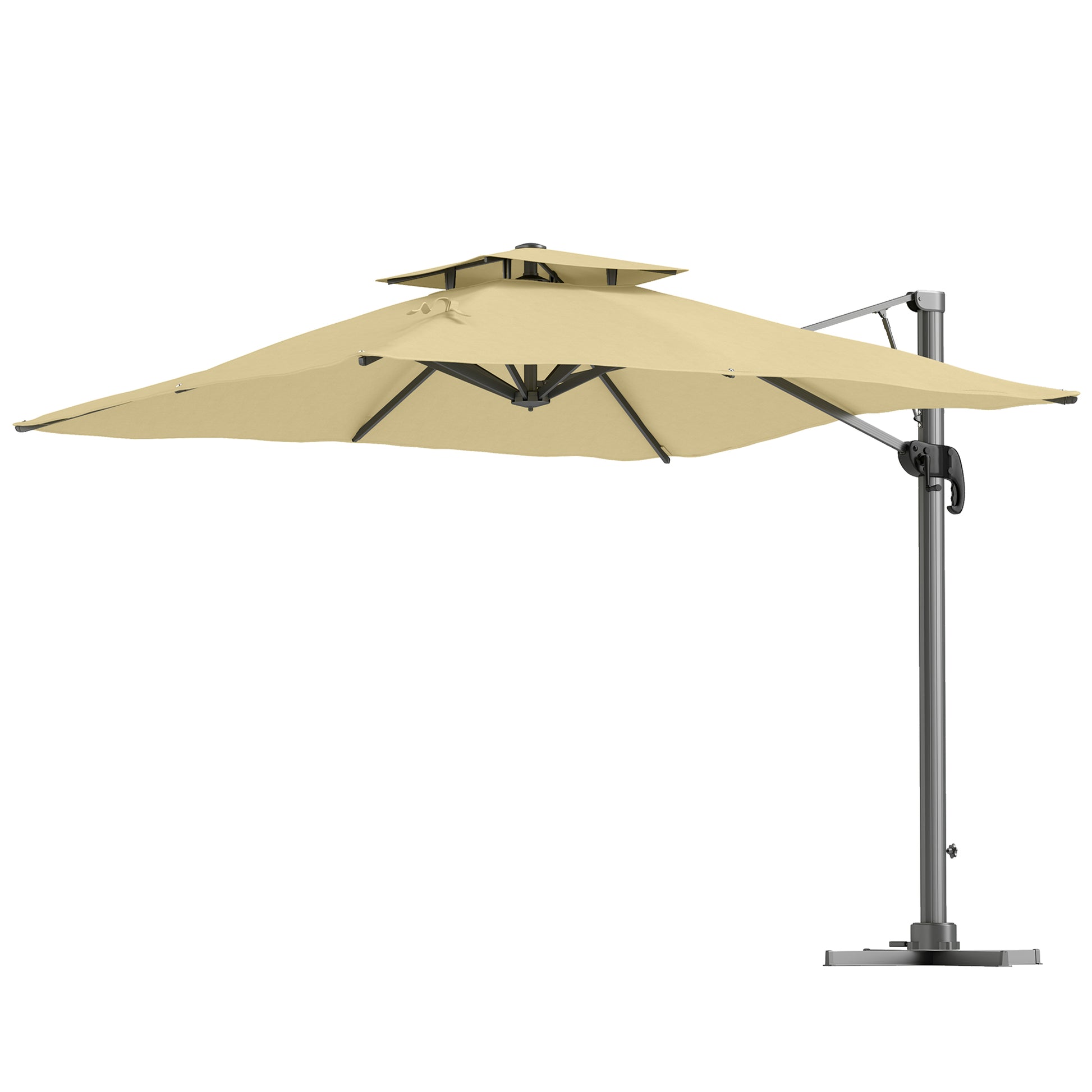 3m Square Offset Umbrella with Hydraulic Mechanism Rotating 360° Garden Umbrella 8 Ribs Double Cross Base Aluminum Mast Beige