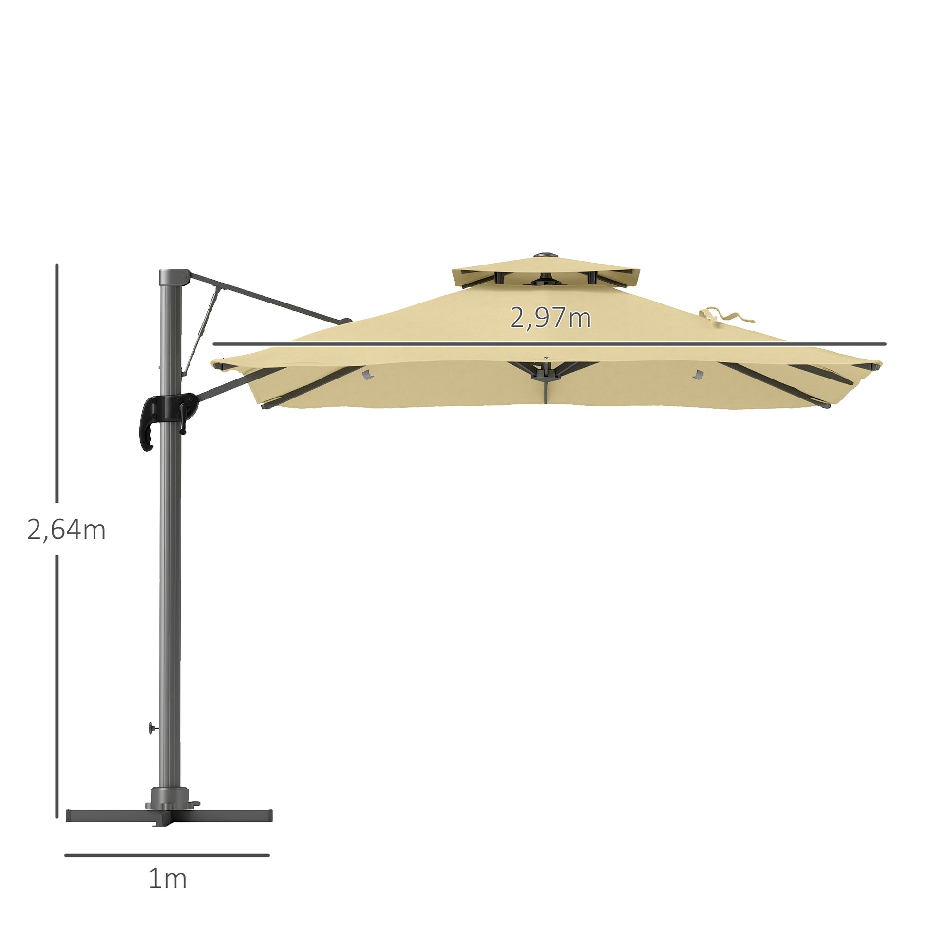 3m Square Offset Umbrella with Hydraulic Mechanism Rotating 360° Garden Umbrella 8 Ribs Double Cross Base Aluminum Mast Beige